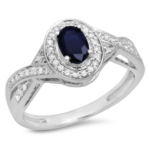 0.75 Carat (ctw) 10K White Gold Oval & Round Cut Blue Sapphire & White Diamond Ladies Swirl Split Shank Bridal Halo Engagement Ring 3/4 CT