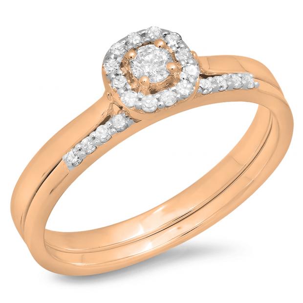 0.30 Carat (ctw) 10K Rose Gold Round Cut Diamond Ladies Bridal Halo Engagement Ring With Matching Band Set 1/3 CT