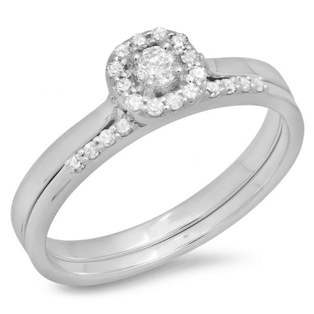 0.30 Carat (ctw) 10K White Gold Round Cut Diamond Ladies Bridal Halo Engagement Ring With Matching Band Set 1/3 CT