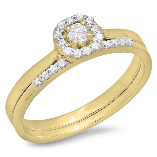 0.30 Carat (ctw) 10K Yellow Gold Round Cut Diamond Ladies Bridal Halo Engagement Ring With Matching Band Set 1/3 CT