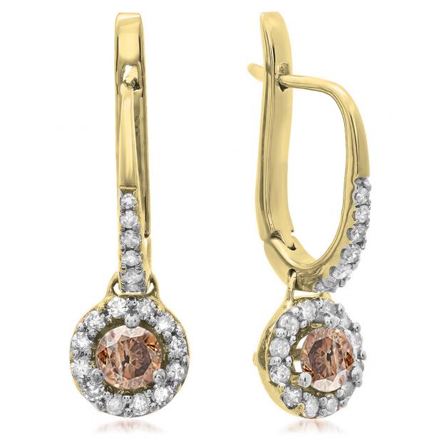 0.43 Carat (ctw) 10K Yellow Gold Round Champagne & White Diamond Ladies Halo Style Dangling Drop Earrings