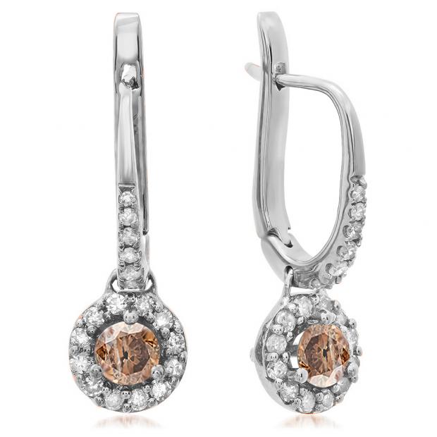 0.43 Carat (ctw) 14K White Gold Round Champagne & White Diamond Ladies Halo Style Dangling Drop Earrings