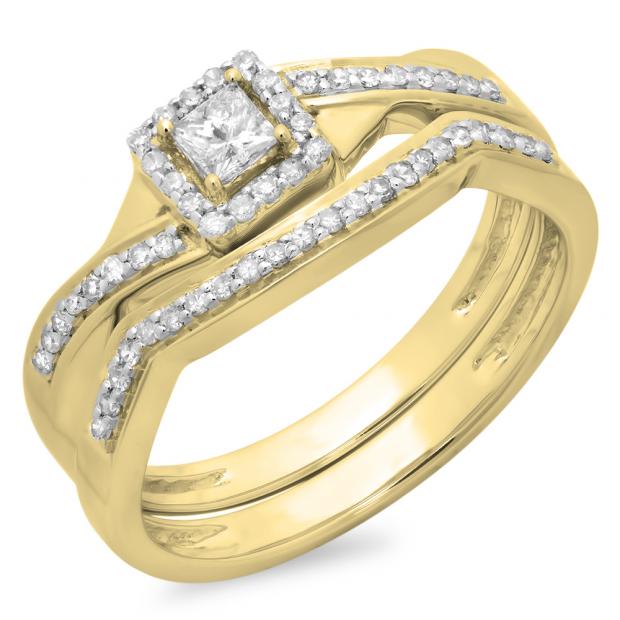 0.40 Carat (ctw) 10K Yellow Gold Princess & Round White Diamond Ladies Bridal Halo Split Shank Engagement Ring Set