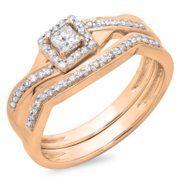 0.40 Carat (ctw) 18K Rose Gold Princess & Round White Diamond Ladies Bridal Halo Split Shank Engagement Ring Set
