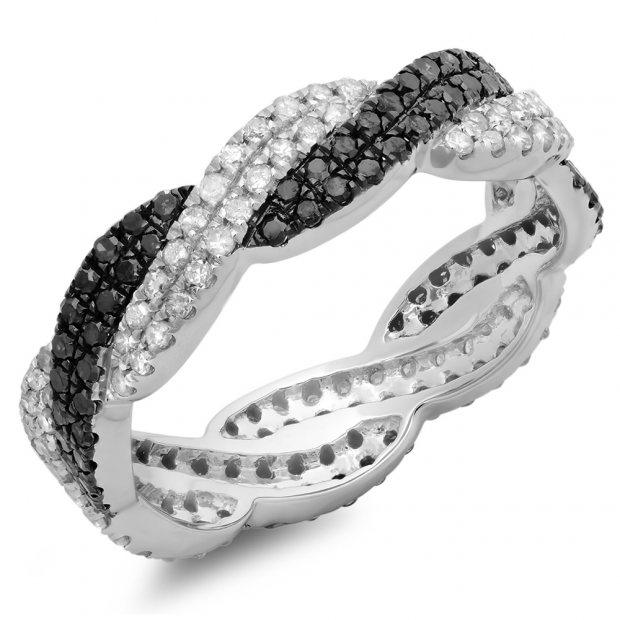1.00 Carat (ctw) 10K White Gold Round Cut White & Black Diamond Ladies Bridal Stackable Swirl Anniversary Wedding Band 1 CT