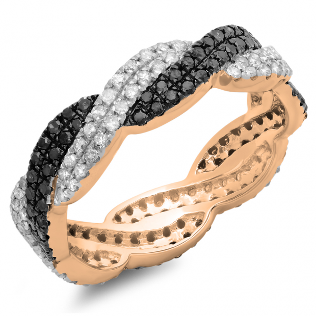 1.00 Carat (ctw) 14K Rose Gold Round Cut White & Black Diamond Ladies Bridal Stackable Swirl Anniversary Wedding Band 1 CT