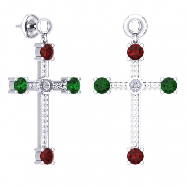 2.40 Carat (ctw) Sterling Silver Round Ruby Green Emerald & White Diamond Ladies Cross Dangling Earrings