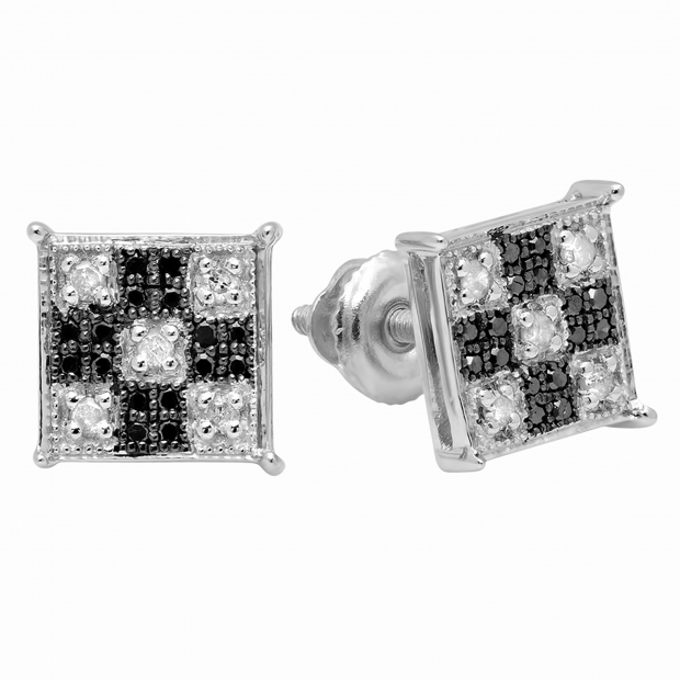 0.15 Carat (ctw) Sterling Silver Round Cut Black & White Diamond Square Shaped Micro Pave Stud Earrings