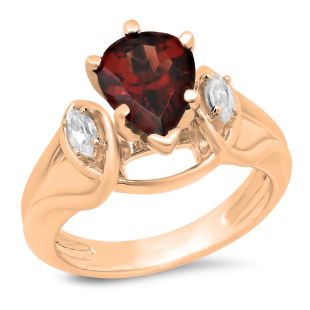 1.75 Carat (ctw) 10K Rose Gold Pear Cut Garnet & Marquise Cut White Topaz Ladies Bridal 3 Stone Engagement Ring 1 3/4 CT