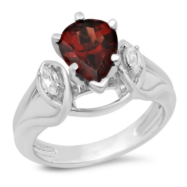 1.75 Carat (ctw) 10K White Gold Pear Cut Garnet & Marquise Cut White Topaz Ladies Bridal 3 Stone Engagement Ring 1 3/4 CT