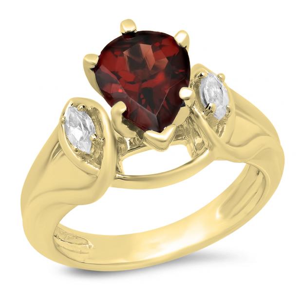 1.75 Carat (ctw) 10K Yellow Gold Pear Cut Garnet & Marquise Cut White Topaz Ladies Bridal 3 Stone Engagement Ring 1 3/4 CT