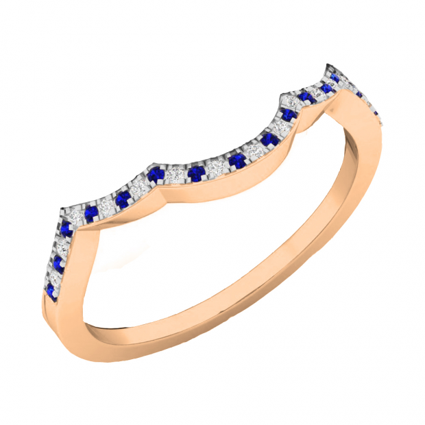 0.12 Carat (ctw) 10K Rose Gold Round Cut Blue Sapphire & White Diamond Ladies Anniversary Wedding Stackable Band Contour Guard Ring