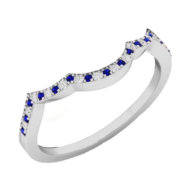 0.12 Carat (ctw) 10K White Gold Round Cut Blue Sapphire & White Diamond Ladies Anniversary Wedding Stackable Band Contour Guard Ring