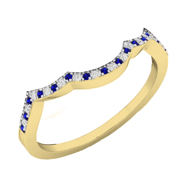 0.12 Carat (ctw) 10K Yellow Gold Round Cut Blue Sapphire & White Diamond Ladies Anniversary Wedding Stackable Band Contour Guard Ring