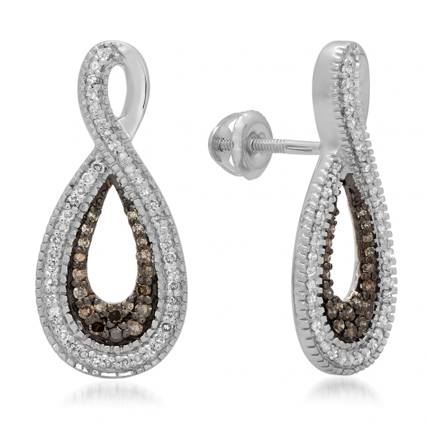 0.45 Carat (ctw) Sterling Silver Round Champagne & White Diamond Ladies Infinity Loop Drop Earrings 1/2 CT