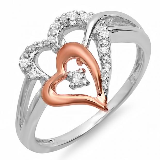 0.13 Carat (ctw) Sterling Silver and Pink Gold Plated Round Cut Diamond Double Heart Two Tone Bridal Promise Ring