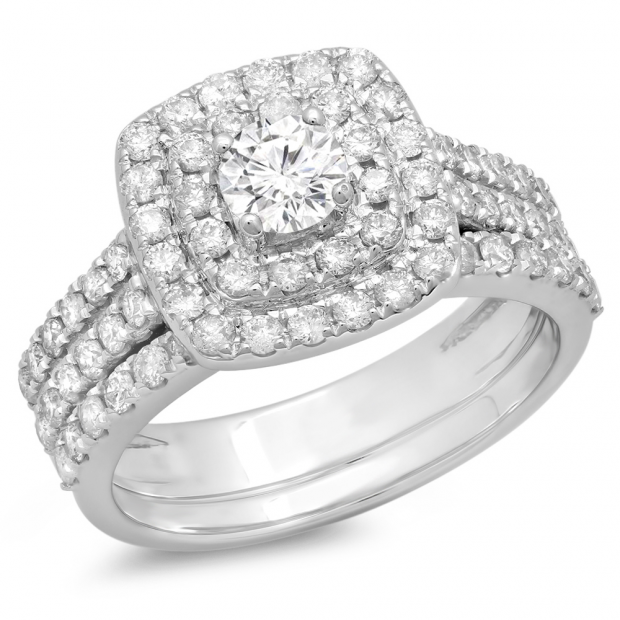 1.50 Carat (ctw) 10K White Gold Round White Diamond Ladies Halo Style Bridal Engagement Ring Matching Band Set 1 1/2 CT