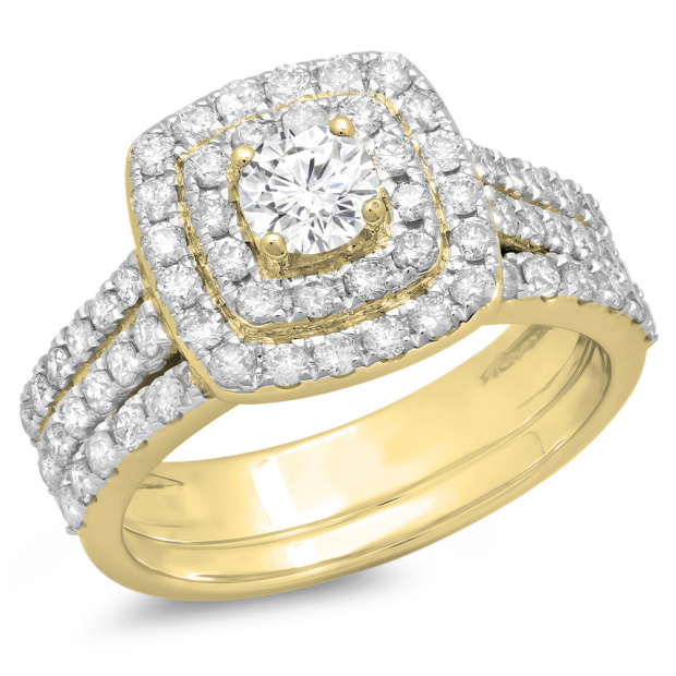 1.50 Carat (ctw) 10K Yellow Gold Round White Diamond Ladies Halo Style Bridal Engagement Ring Matching Band Set 1 1/2 CT