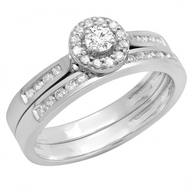 0.50 Carat (ctw) 10K White Gold Round White Diamond Ladies Halo Style Bridal Engagement Ring Matching Band Set 1/2 CT