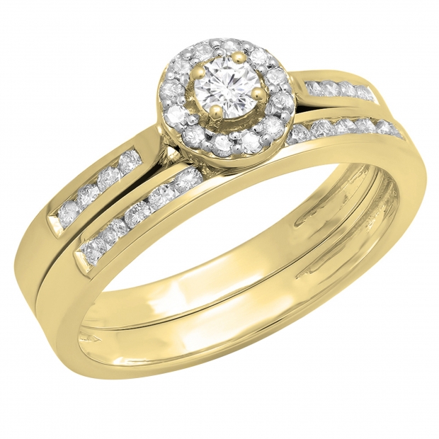 0.50 Carat (ctw) 10K Yellow Gold Round White Diamond Ladies Halo Style Bridal Engagement Ring Matching Band Set 1/2 CT