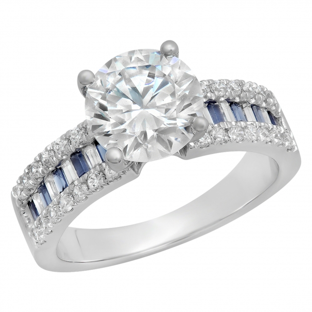 5.80 Carat (ctw) 18K White Gold Round & baguette Blue Sapphire & White Cubic Zirconia CZ Classic Solitaire with Accents Bridal Engagement Ring