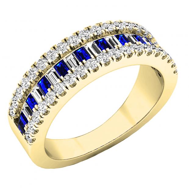 10K Yellow Gold Round & Baguette Blue & White Cubic Zirconia Ladies Anniversary Wedding Band