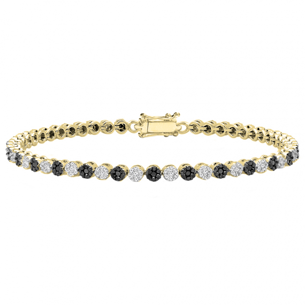 2.50 Carat (ctw) 18K Yellow Gold Round White & Black Diamond Ladies Cluster Tennis Link Bracelet