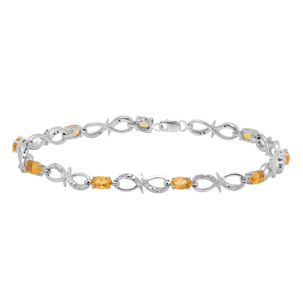 2.00 Carat (ctw) Sterling Silver Real Oval Cut Genuine Citrine & Round White Diamond Ladies Link Bracelet