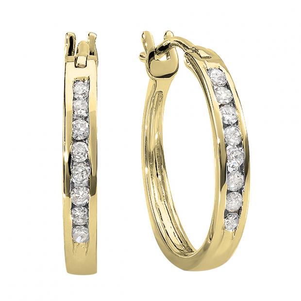 0.18 Carat (ctw) 10K Yellow Gold Round White Diamond Ladies Fine Hoop Earrings