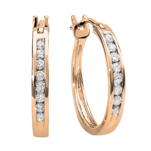 0.18 Carat (ctw) 14K Rose Gold Round White Diamond Ladies Fine Hoop Earrings