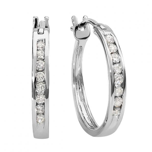 0.18 Carat (ctw) 14K White Gold Round White Diamond Ladies Fine Hoop Earrings