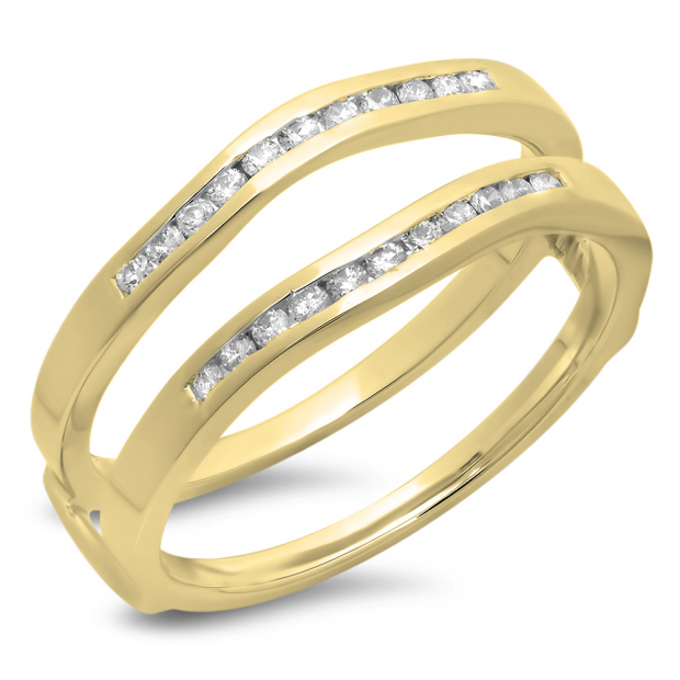 0.25 Carat (ctw) 14K Yellow Gold Round White Diamond Ladies Anniversary Wedding Band Enhancer Guard Double Ring 1/4 CT