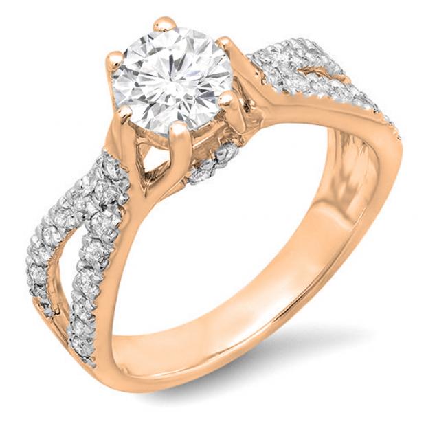 1.14 Carat (ctw) 14K Rose Gold Round Diamond Ladies Engagement Bridal Split Shank Ring; 0.74 CT center