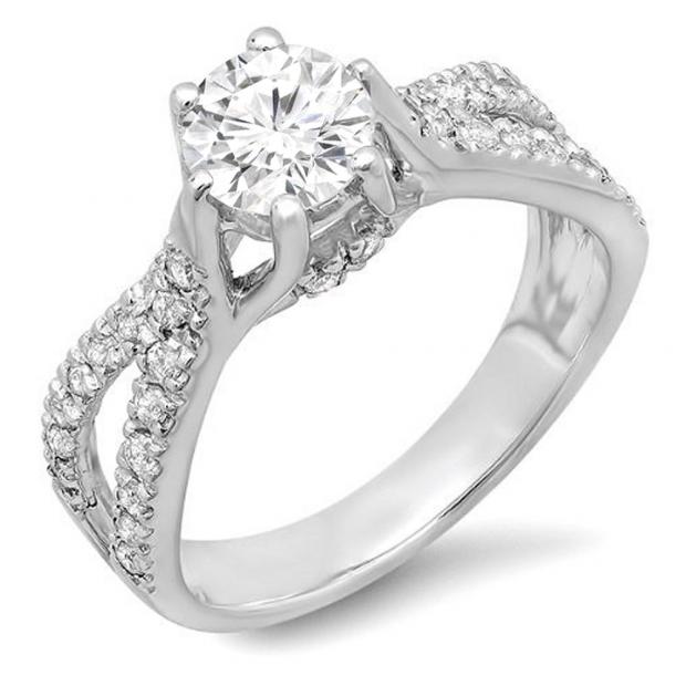 1.14 Carat (ctw) 14K White Gold Round Diamond Ladies Engagement Bridal Split Shank Ring; 0.74 CT center