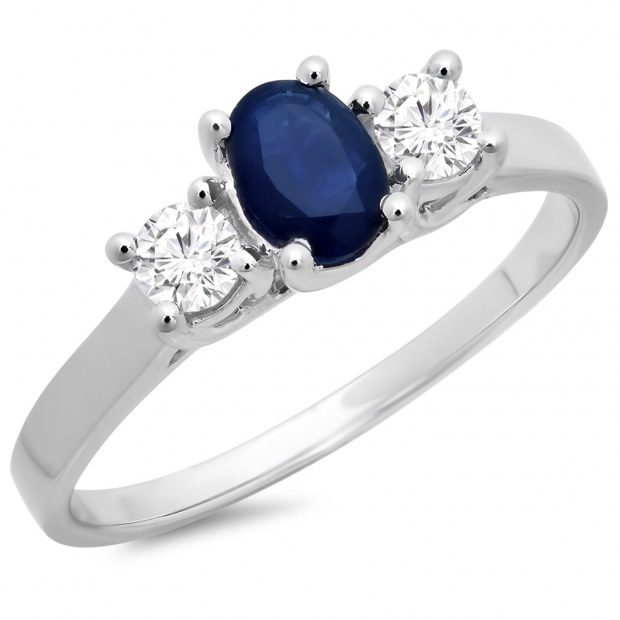 1.10 Carat (ctw) 10K White Gold Oval Cut Blue Sapphire & Round Cut White Diamond Ladies Bridal 3 Stone Engagement Ring 1 CT