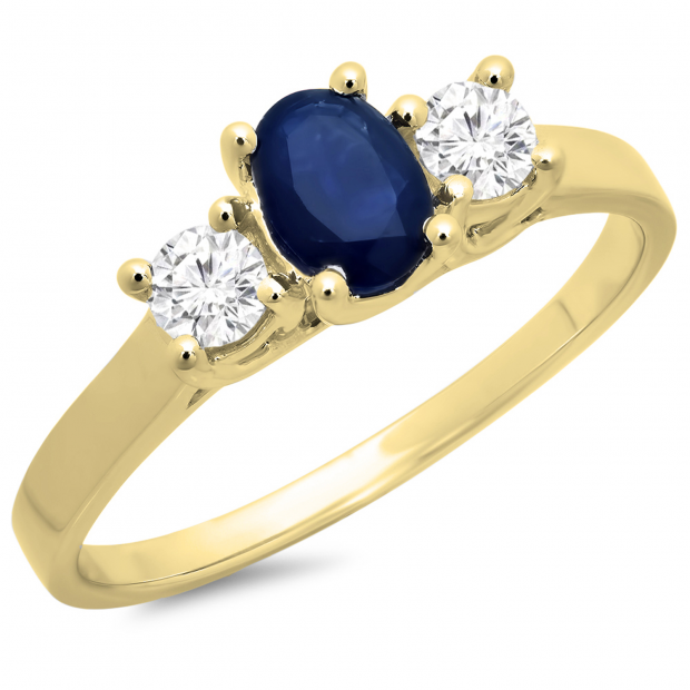 1.10 Carat (ctw) 18K Yellow Gold Oval Cut Blue Sapphire & Round Cut White Diamond Ladies Bridal 3 Stone Engagement Ring 1 CT