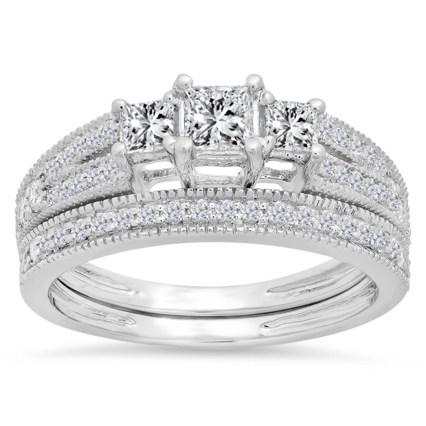 1.00 Carat (ctw) 14K White Gold Princess & Round Cut 3 Stone Diamond Ladies Engagement Bridal Ring Set Matching Band 1 CT