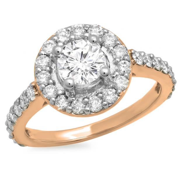 1.00 Carat (ctw) 10K Rose Gold Round White Diamond Ladies Halo Style Bridal Engagement Ring 1 CT