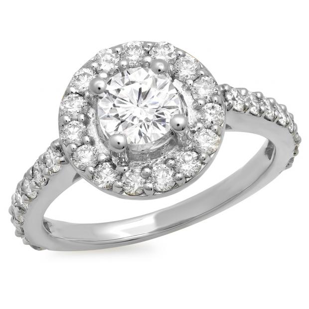 1.00 Carat (ctw) 14K White Gold Round White Diamond Ladies Halo Style Bridal Engagement Ring 1 CT