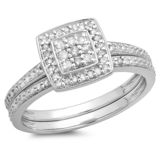 0.30 Carat (ctw) 10K White Gold Round Cut White Diamond Ladies Bridal Engagement Ring With Matching Band Set 1/3 CT