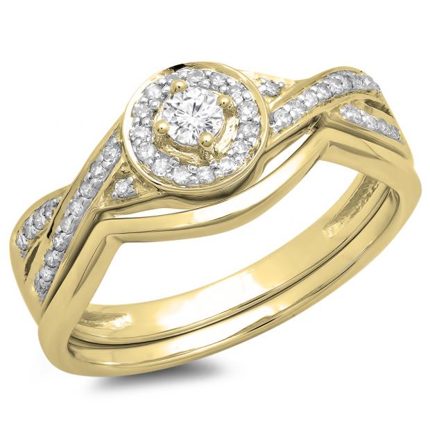 0.30 Carat (ctw) 10K Yellow Gold Round White Diamond Ladies Bridal Halo Split Shank Engagement Ring Set 1/3 CT
