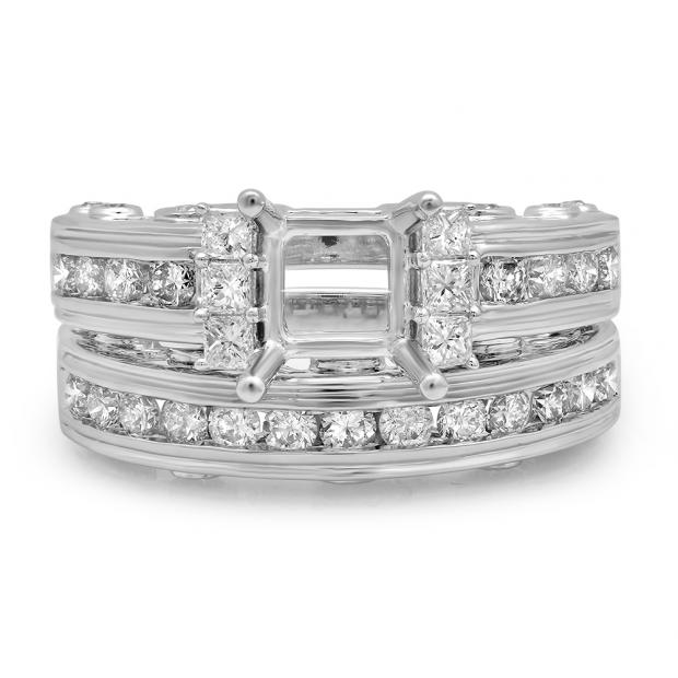 1.80 Carat (Ctw) 10K White Gold Princess & Round Diamond Ladies Bridal Semi Mount Engagement Ring With Matching Band Set 1 3/4 ct