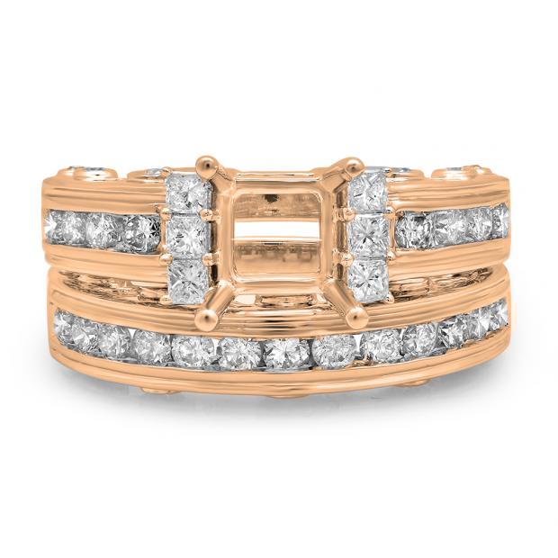 1.80 Carat (Ctw) 14K Rose Gold Princess & Round Diamond Ladies Bridal Semi Mount Engagement Ring With Matching Band Set 1 3/4 ct