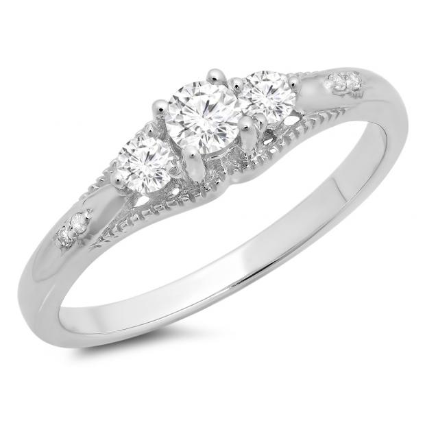 0.35 Carat (ctw) 10K White Gold Round Cut White Diamond Ladies Bridal 3 Stone Engagement Ring 1/3 CT