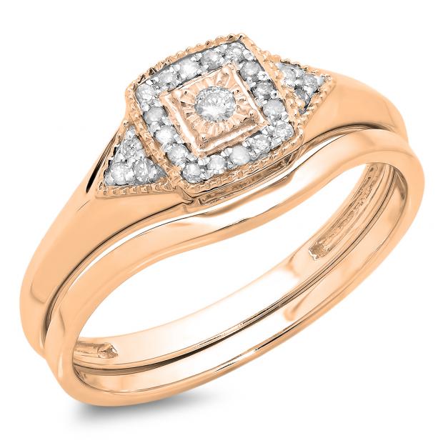 0.15 Carat (Ctw) 10K Rose Gold Round White Diamond Ladies Bridal Engagement Ring Matching Band Set