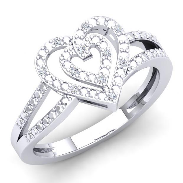 0.10 Carat (ctw) Sterling Silver Round White Diamond Ladies Promise Double Heart Love Split Shank Engagement Ring 1/10 CT
