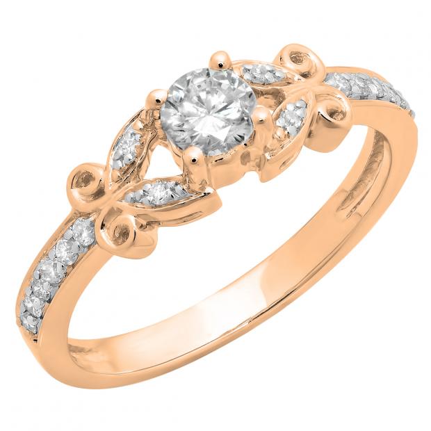 0.50 Carat (Ctw) 10K Rose Gold Round White Diamond Ladies Bridal Unique Vintage Style Engagement Ring 1/2 CT