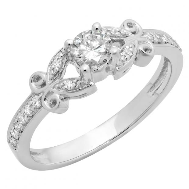 0.50 Carat (Ctw) 10K White Gold Round White Diamond Ladies Bridal Unique Vintage Style Engagement Ring 1/2 CT