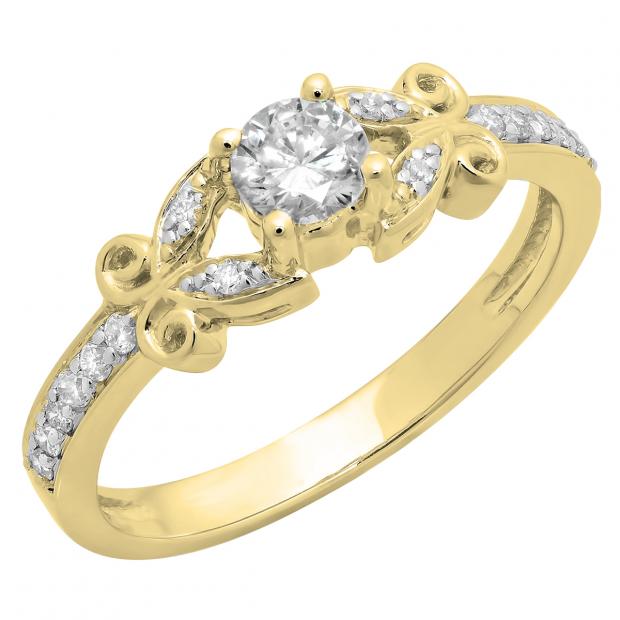 0.50 Carat (Ctw) 10K Yellow Gold Round White Diamond Ladies Bridal Unique Vintage Style Engagement Ring 1/2 CT