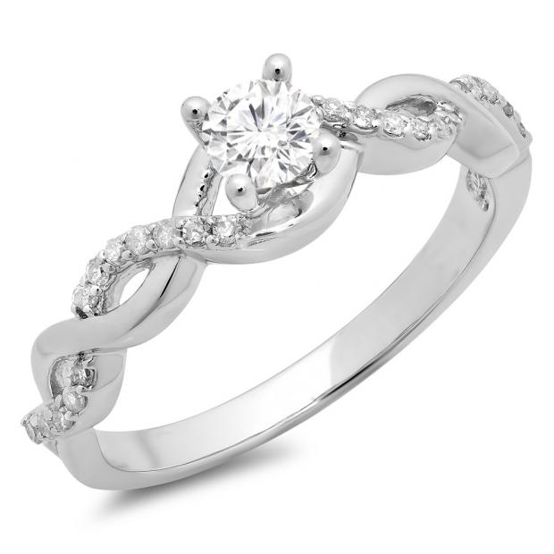 0.50 Carat (ctw) 10K White Gold Round White Diamond Ladies Crossover Split Shank Bridal Promise Engagement Ring 1/2 CT